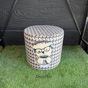 White Teddy Bear Patterned Round Pouf, Foot Stool, Ottoman Pouf, Pouffe, Footstool, Handmade, Makeup Pouf, Pouf Chair, Pouf Bench, Furniture