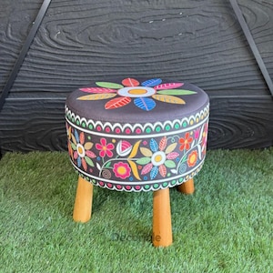 Embroidered Floral Patterned Black Pouf with Wood Legs, Ottoman, Pouffe, Footstool, Handmade, Makeup Pouf, Pouf Chair, Pouf Bench Pouf Stool