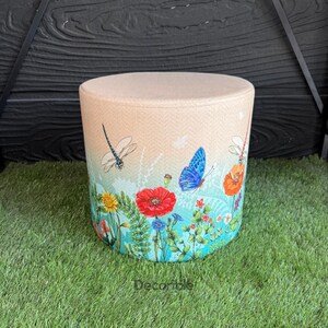 Spring Patterned Round Pouf, Foot Stool, Ottoman Pouf, Pouffe, Footstool, Handmade, Makeup Pouf, Pouf Chair, Pouf Bench, Furniture, Entryway