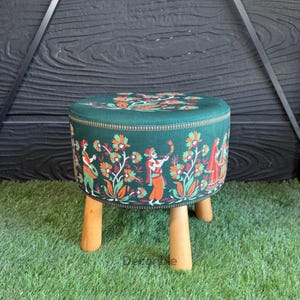 Green Colored Flower Patterned Pouffe with Wood Legs, Pouffe, Footstool, Handmade, Makeup Pouf Pouf Chair Pouf Bench Pouf Stool Ottoman Pouf