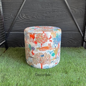 Retro Forest Patterned Round Pouf, Foot Stool, Ottoman Pouf, Pouffe, Footstool, Handmade, Makeup Pouf, Pouf Chair, Pouf Bench, Furniture