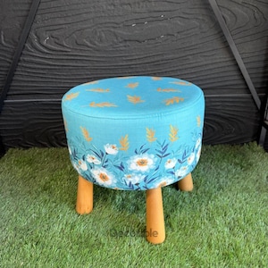 White Flower Patterned Pouf Stool with Wood Legs, Ottoman, Pouffe, Footstool, Handmade, Makeup Pouf, Pouf Chair, Pouf Bench, Pouf Stool
