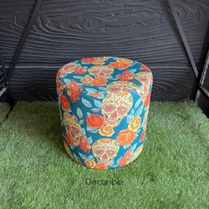 Mexican Festival Patterned Round Pouf, Foot Stool, Ottoman Pouf, Pouffe, Footstool, Handmade, Makeup Pouf, Pouf Chair, Pouf Bench, Furniture