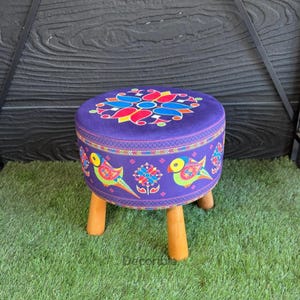 Colorful Birds Patterned Purple Pouf with Wood Legs, Ottoman Pouf, Pouffe, Footstool, Handmade, Makeup pouf Pouf Chair Pouf Bench Pouf Stool