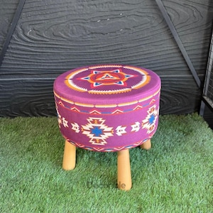 Purple Rug Patterned Pouf with Wood Legs, Ottoman, Pouffe, Footstool, Handmade, Makeup Pouf, Pouf Chair, Pouf Bench, Pouf Stool Ottoman Pouf