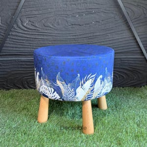 Tropical Leaf Patterned Pouf with Wood Legs, Ottoman Pouf, Pouffe, Footstool, Handmade, Makeup Pouf, Pouf Chair, Pouf Bench, Pouf Stool