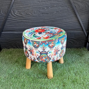 Colorful Ethnic Inspirations Patterned Pouf with Wood Legs, Pouffe, Footstool, Makeup Pouf, Pouf Chair, Pouf Bench, Pouf Stool Ottoman Pouf