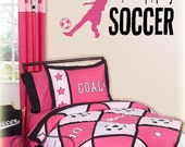 Eat, Sleep, Play, Soccer vinyl wall lettering with Girl Soccer player silhouette vinyl wall art decal - Choose two vinyl colors