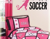 Eat, Sleep, Play, Soccer vinyl wall lettering with Girl Soccer player silhouette vinyl wall art decal - Choose two vinyl colors