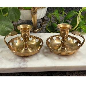 Vintage Brass Heart Chamberstick Candle Holder Set Gold Decor Pair Romantic