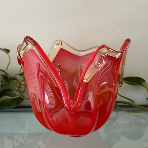 Vintage Murano Sommerso Bowl: Red-Orange Italian Art Glass Tulip Decor