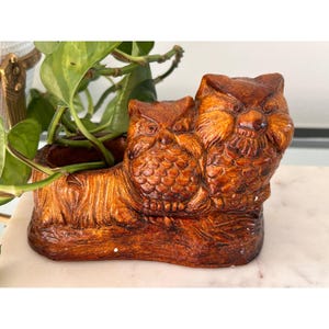 Vintage Ceramic Double Owl Planter Brown Glazed Rustic Log Succulent Pot Figure