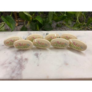 Set of 8 Vintage Oval Ceramic Floral Tulip Drawer Pulls Cream Porcelain Knobs