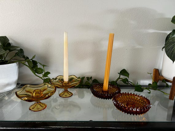 Amber Glass Candlestick Holders: Mid Century Modern Decor