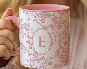 Personalized Initial Mug – Pink Toile Coquette Design | Custom Coffee Cup, Vintage-Inspired Gift for Her, Bridal Party Favor, Teen Girl