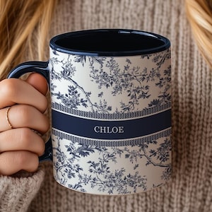 Personalized Name Mug – Blue Toile Design | Custom Coffee Cup, Elegant Vintage-Inspired Gift for Her, Bridal Party Favor, Teen Girl