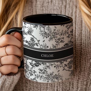 Personalized Name Mug – Black Toile Design | Custom Coffee Cup, Elegant Vintage-Inspired Gift for Her, Bridal Party Favor, Teen Girl