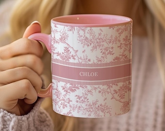 Personalized Name Mug – Pink Toile Design | Custom Coffee Cup, Elegant Vintage-Inspired Gift for Her, Bridal Party Favor, Teen Girl