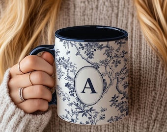 Personalized Initial Mug – Navy Blue Toile Coquette Design | Custom Coffee Cup, Vintage-Inspired Gift for Her, Bridal Party Favor, Teen Girl