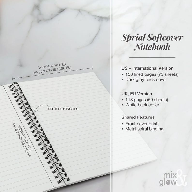 May include: Open spiral softcover notebook with lined pages. The notebook is A5 size, 8 inches high, 6 inches wide, and 0.6 inches deep. Features include a front cover print and metal spiral binding. The text on the image says "Sprial Softcover Notebook".
