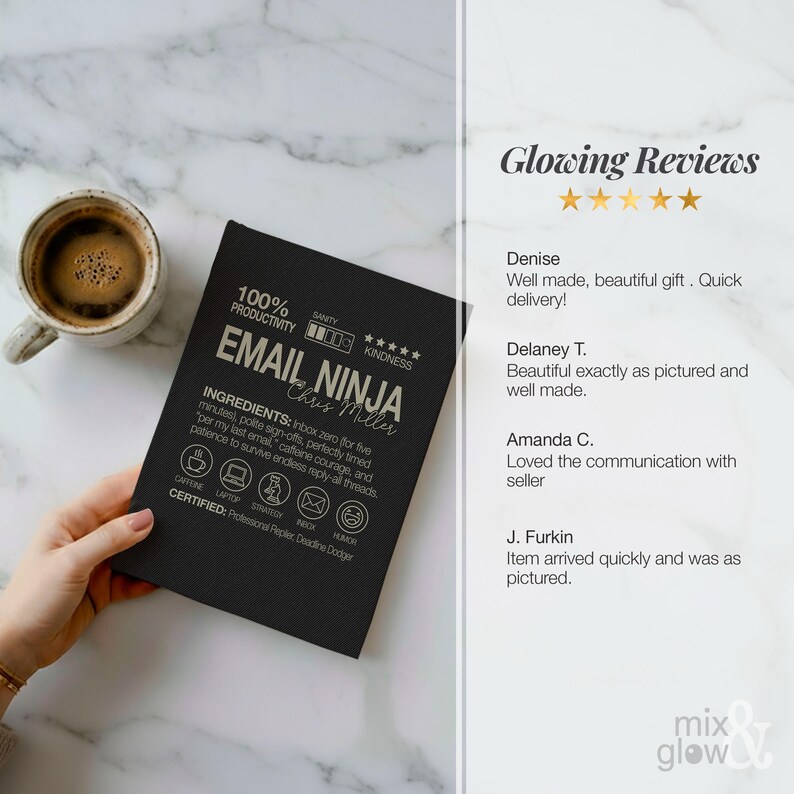 May include: A black notebook with the text "EMAIL NINJA" and "Chris Miller" in silver. The notebook includes icons and text about productivity and ingredients. A cup of coffee sits to the left.