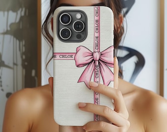 Funda personalizada con lazo rosa para iPhone 16, 15, 14 y 13. Funda personalizada con nombre para Samsung S23. Funda coqueta. Funda personalizada para iPhone.