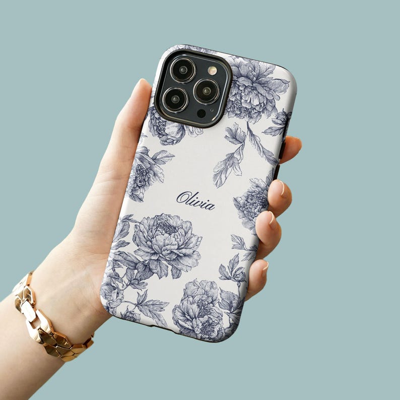 Funda personalizada con diseño de toile azul para iPhone 17, 16, 15, 14 y 13, funda con nombre personalizado para Samsung S23, funda coqueta, funda personalizada para iPhone Navy