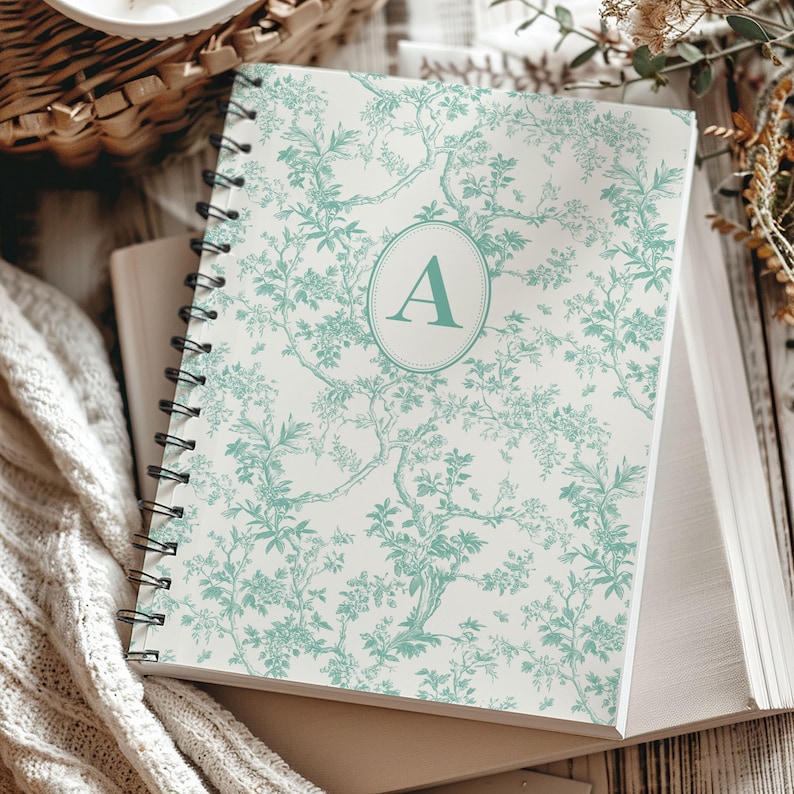 Customized Monogram Notebook for women, Personalized Toile Journal, Customizable Journal, Bridesmaid Proposal, Initial Notebook for Mom Gift Mint