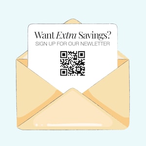 an open envelope with a sign-up form for a newsletter, along with a QR code.
