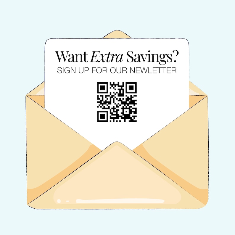 an open envelope with a sign-up form for a newsletter, along with a QR code.