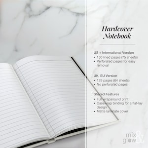 以下が含まれることがあります： 開いた白いハードカバーノート、罫線入りページ。上部に「Hardcover Notebook」の文字。フルラッププリント、ケースラップバインディング、マットラミネートカバーが特徴。米国版は150ページです。
