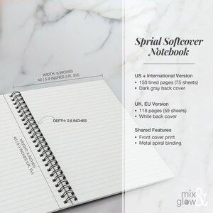 May include: Open spiral softcover notebook with lined pages. The notebook is A5 size, 8 inches high, 6 inches wide, and 0.6 inches deep. Features include a front cover print and metal spiral binding. The text on the image says "Sprial Softcover Notebook".