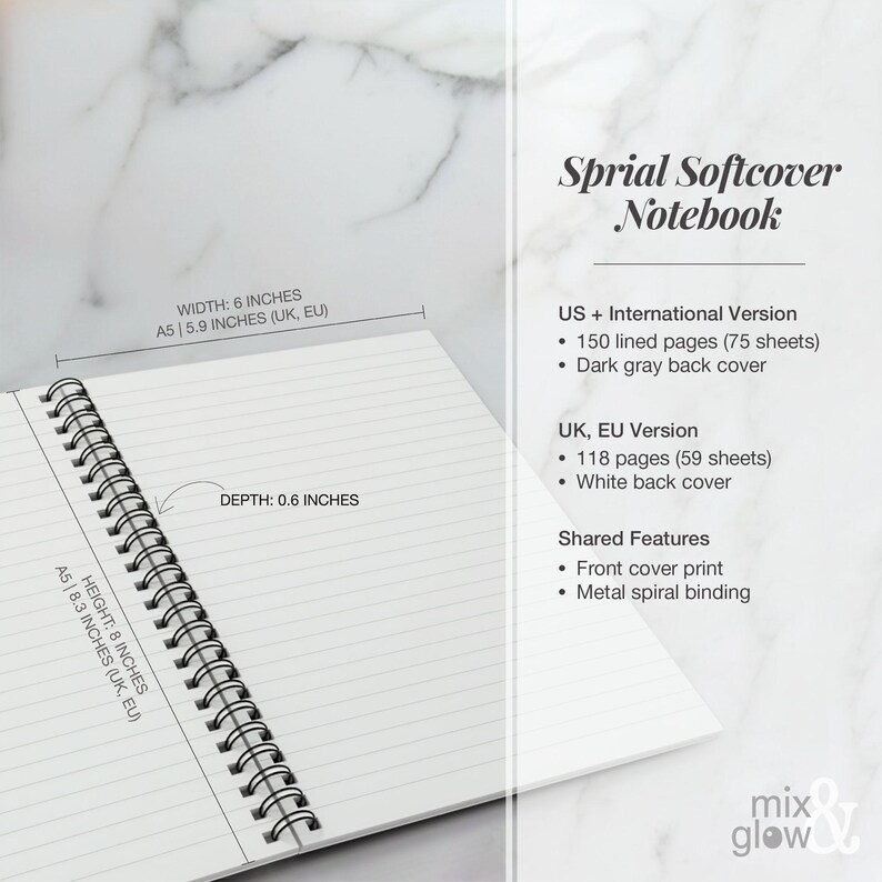 May include: Open spiral softcover notebook with lined pages. The notebook is A5 size, 8 inches high, 6 inches wide, and 0.6 inches deep. Features include a front cover print and metal spiral binding. The text on the image says "Sprial Softcover Notebook".
