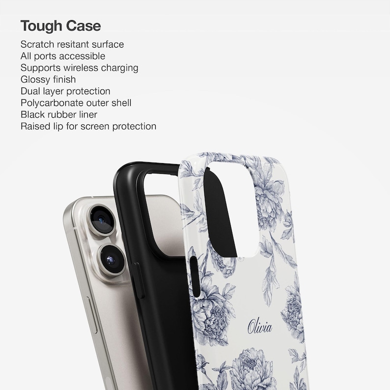 Funda personalizada con diseño de toile azul para iPhone 17, 16, 15, 14 y 13, funda con nombre personalizado para Samsung S23, funda coqueta, funda personalizada para iPhone imagen 2
