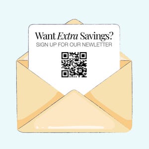 an open envelope with a sign-up form for a newsletter, along with a QR code.