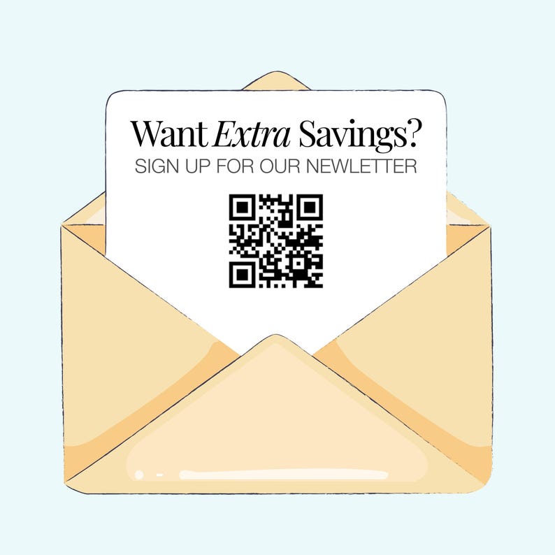 an open envelope with a sign-up form for a newsletter, along with a QR code.