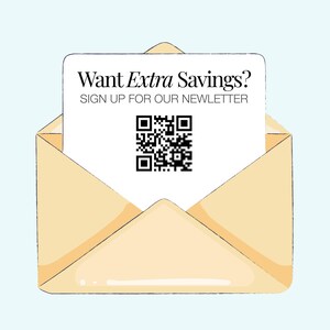an open envelope with a sign-up form for a newsletter, along with a QR code.