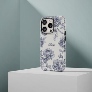 Funda personalizada con diseño de toile azul para iPhone 17, 16, 15, 14 y 13, funda con nombre personalizado para Samsung S23, funda coqueta, funda personalizada para iPhone imagen 9
