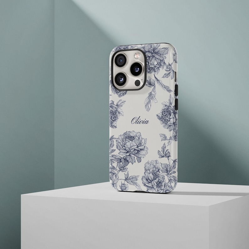 Funda personalizada con diseño de toile azul para iPhone 17, 16, 15, 14 y 13, funda con nombre personalizado para Samsung S23, funda coqueta, funda personalizada para iPhone imagen 9