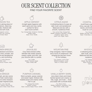 The image is a collection of scents, each with a different description, arranged in a grid format. The scents include various types of fragrances, such as afternoon tea, apple harvest, coastal orchid, fresh linen breeze, peppermint, mountain pine, mystical sea, pumpkin caramel, vanilla berry swirl, and more.