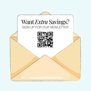 an open envelope with a sign-up form for a newsletter, along with a QR code.