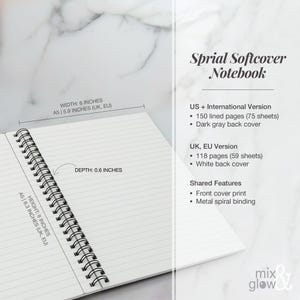 May include: Open spiral softcover notebook with lined pages. The notebook is A5 size, 8 inches high, 6 inches wide, and 0.6 inches deep. Features include a front cover print and metal spiral binding. The text on the image says "Sprial Softcover Notebook".