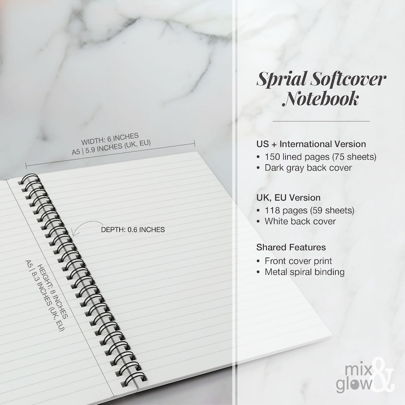 May include: Open spiral softcover notebook with lined pages. The notebook is A5 size, 8 inches high, 6 inches wide, and 0.6 inches deep. Features include a front cover print and metal spiral binding. The text on the image says "Sprial Softcover Notebook".