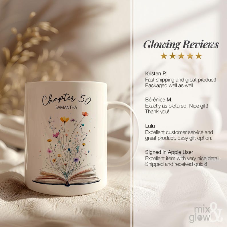 50th Birthday Mug With Name Personalized 50th Birthday Gift For Women Custom Birthday Coffee Cup Chapter 50 Book Lover Birthday Gift For Her White 11oz