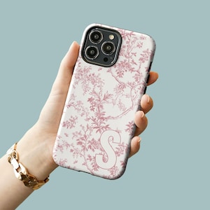 Gepersonaliseerde monogram telefoonhoesje voor iPhone 16 15 14 13, aangepast iphone-hoesje Initial telefoonhoesje voor Samsung, roze Toile Coquette-telefoonhoes