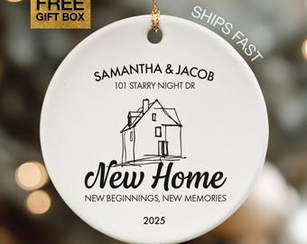 May include: White ceramic ornament with a gold hanging string. The ornament features the names "SAMANTHA & JACOB", address, a house sketch, and the words "New Home". It also includes the text "NEW BEGINNINGS, NEW MEMORIES" and the year "2025".