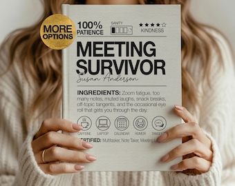May include: A light-colored notebook titled "MEETING SURVIVOR" with the name "Susan Anderson" printed below. The notebook lists "INGREDIENTS" such as Zoom fatigue and snack breaks. A gold-colored circle with the words "MORE OPTIONS" is in the upper left corner.