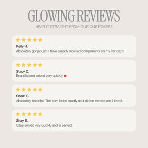 May include: A screenshot of glowing reviews from customers about a product. The reviews are positive and highlight the quality and speed of delivery. The reviews are from Kelly H., Stacy C., Sherri S., and Shay S.