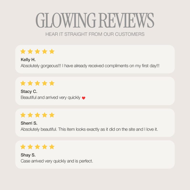 May include: A screenshot of glowing reviews from customers about a product. The reviews are positive and highlight the quality and speed of delivery. The reviews are from Kelly H., Stacy C., Sherri S., and Shay S.