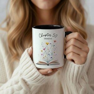 50th Birthday Mug With Name Personalized 50th Birthday Gift For Women Custom Birthday Coffee Cup Chapter 50 Book Lover Birthday Gift For Her Black Accent 11oz